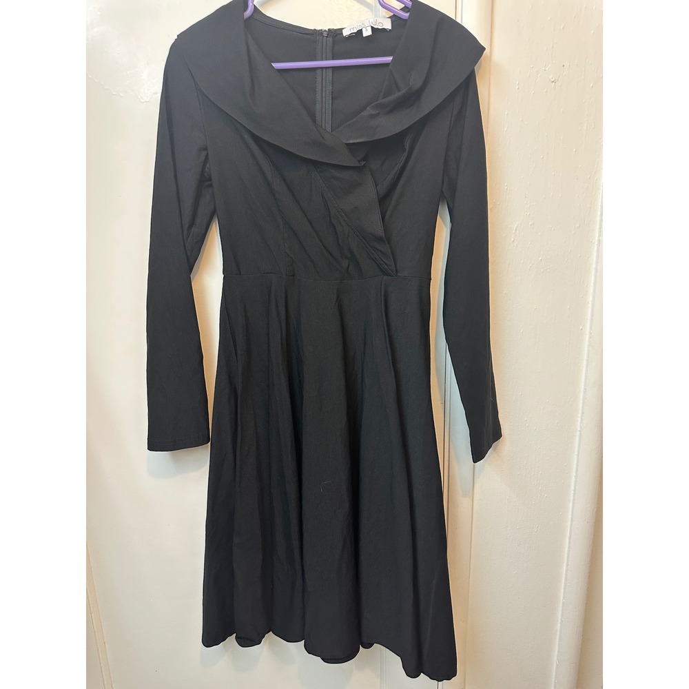 Miss Lulo‎ Black Portrait Collar Fit and Flare Dress Long Sleeve Small RN152710